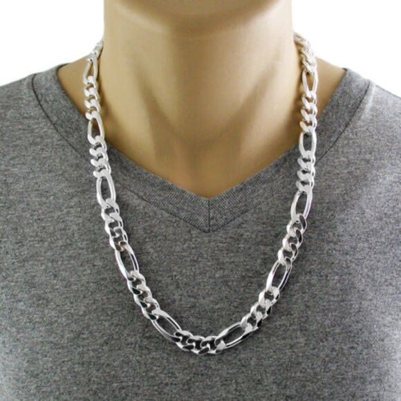 STERLING SILVER FIGARO CHAIN NECKLACE 11MM (GAUGE 300). AVAILABLE IN 6 LENGTHS. - Picture 3 of 3